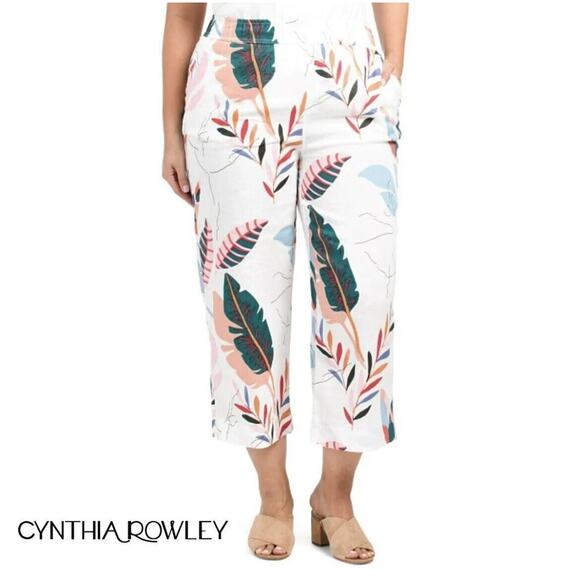 Cynthia Rowley 100% Linen Tropical Print Wide Leg Crop Pants size medium - Picture 1 of 5